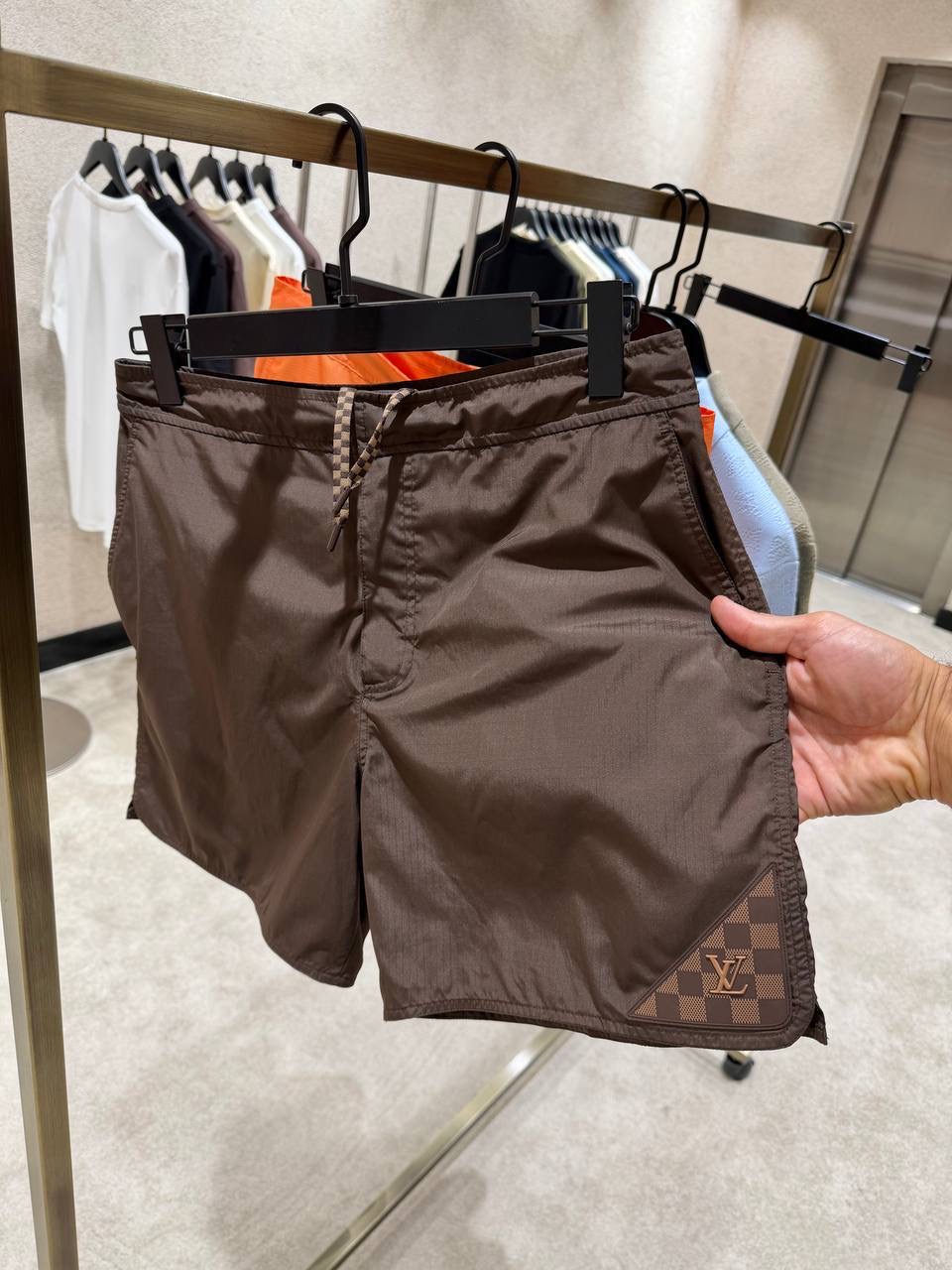 Brown LV damier heritage patch signature swim shorts - Image 2