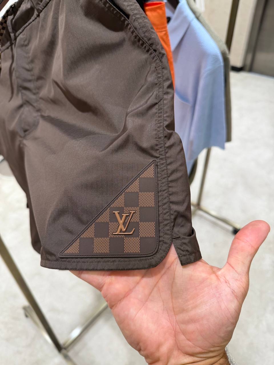 Brown LV damier heritage patch signature swim shorts - Image 3