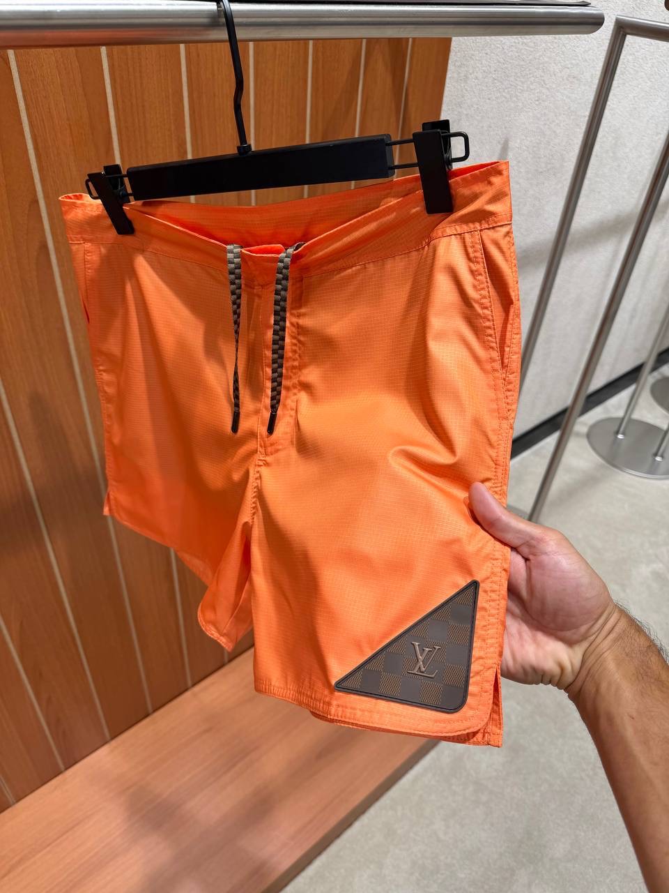 Orange LV damier heritage patch signature swim shorts - Image 2