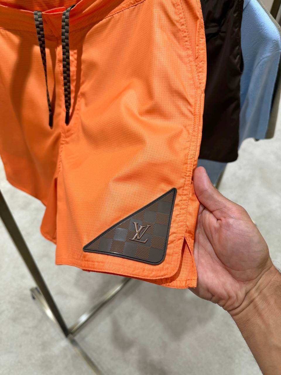 Orange LV damier heritage patch signature swim shorts - Image 4