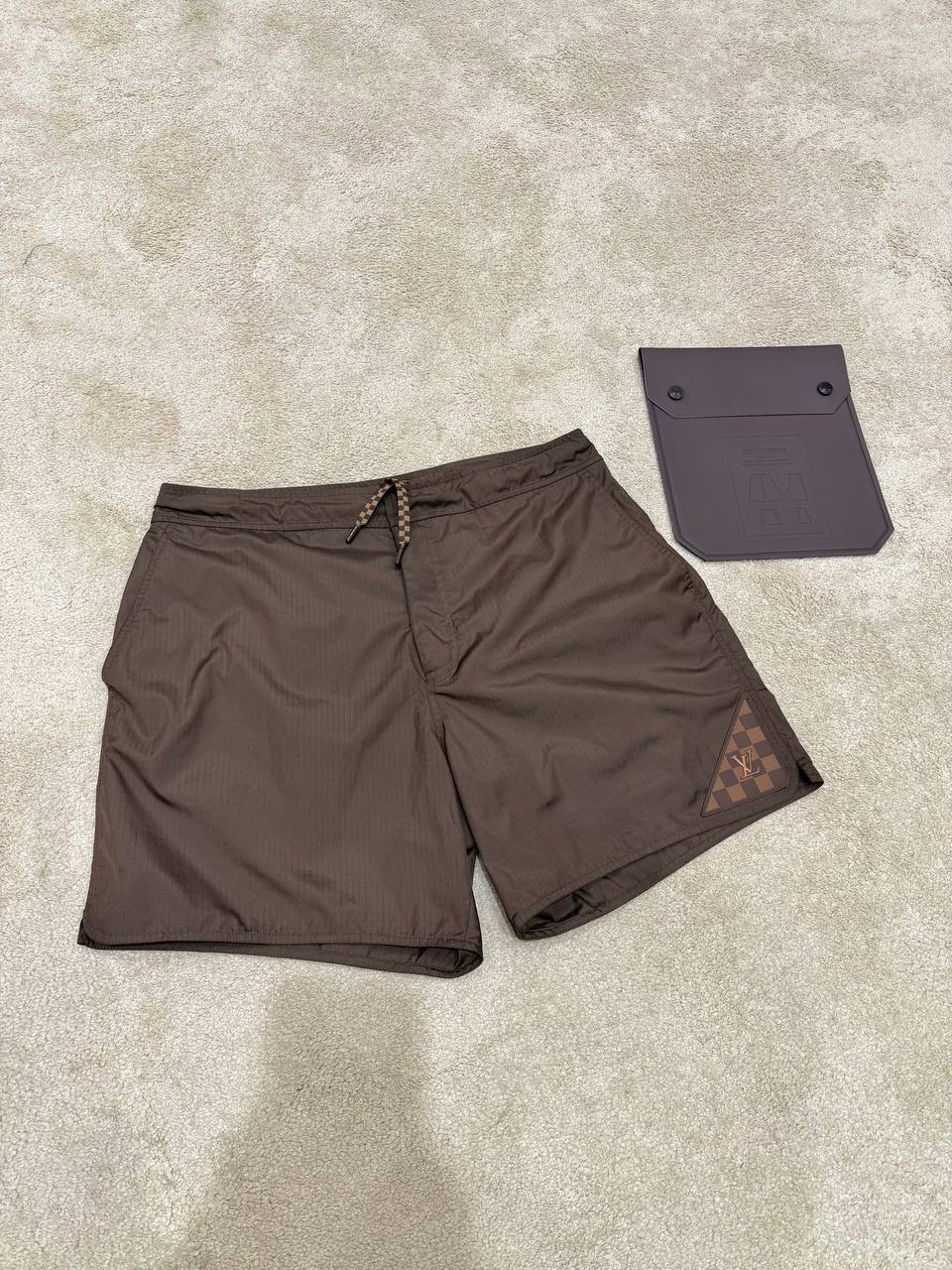 Brown LV damier heritage patch signature swim shorts - Image 9