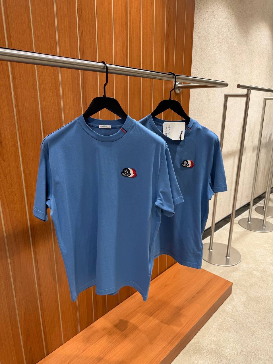 Blue Moncler tricolor logo patch embroidered cotton tee - Image 2