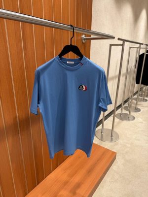 Blue Moncler tricolor logo patch embroidered cotton tee
