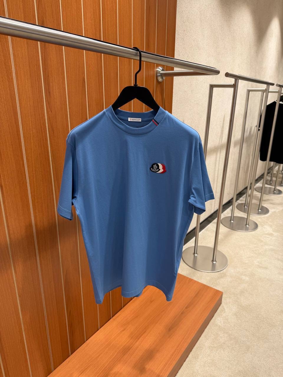 Blue Moncler tricolor logo patch embroidered cotton tee