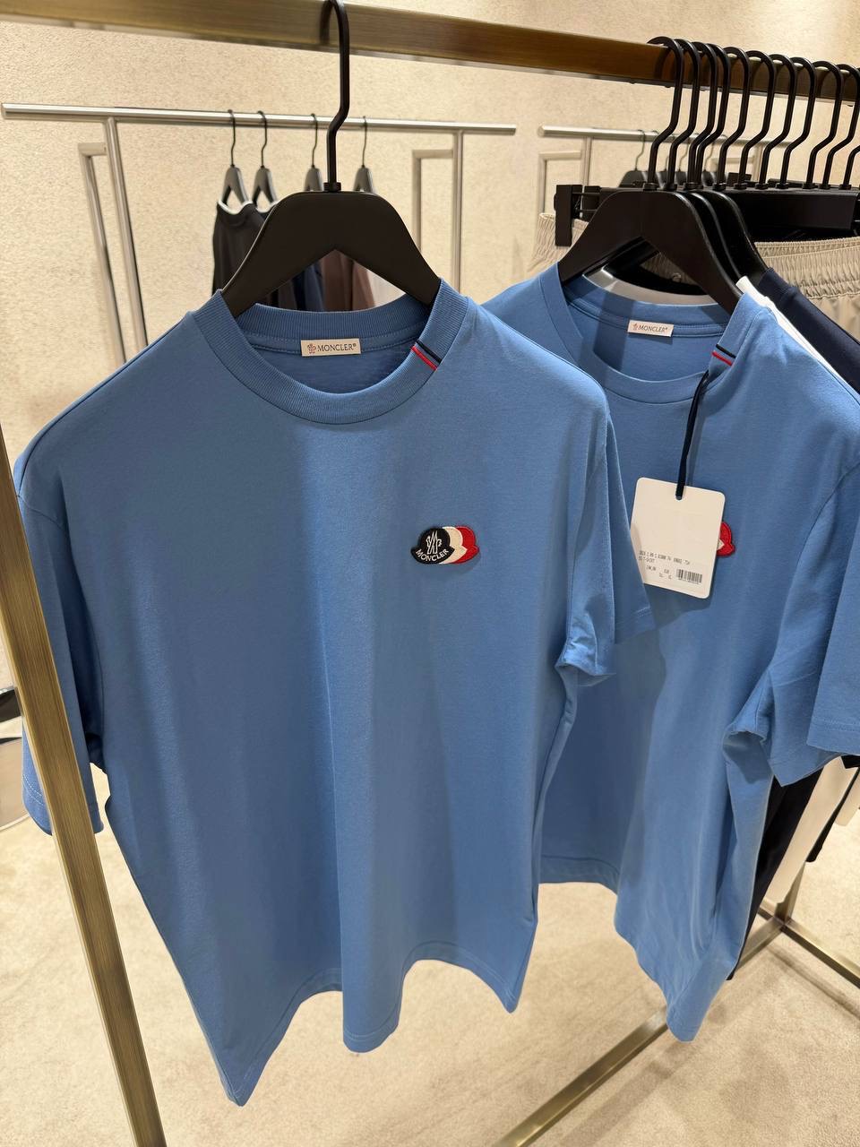 Blue Moncler tricolor logo patch embroidered cotton tee - Image 3