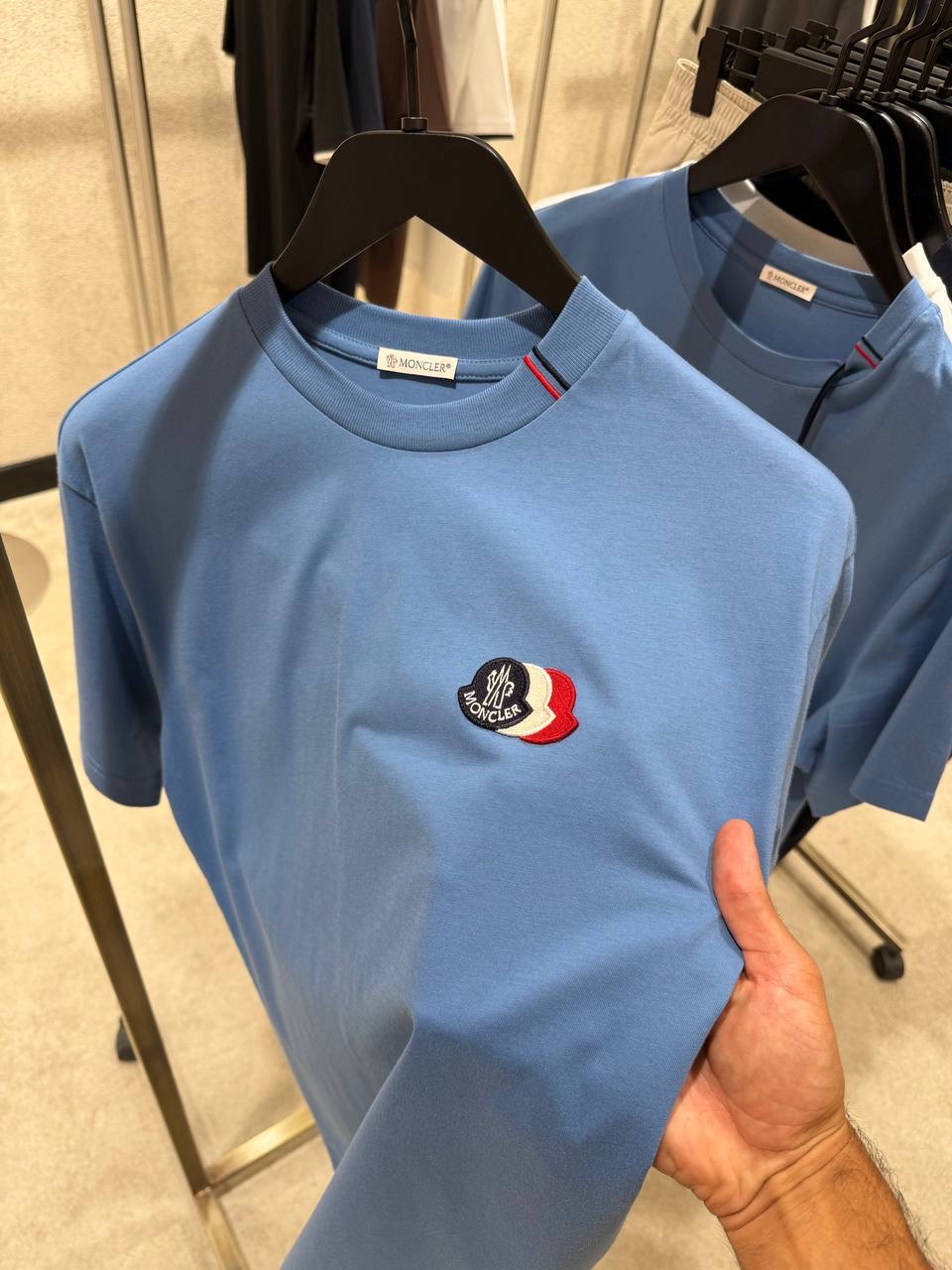 Blue Moncler tricolor logo patch embroidered cotton tee - Image 4