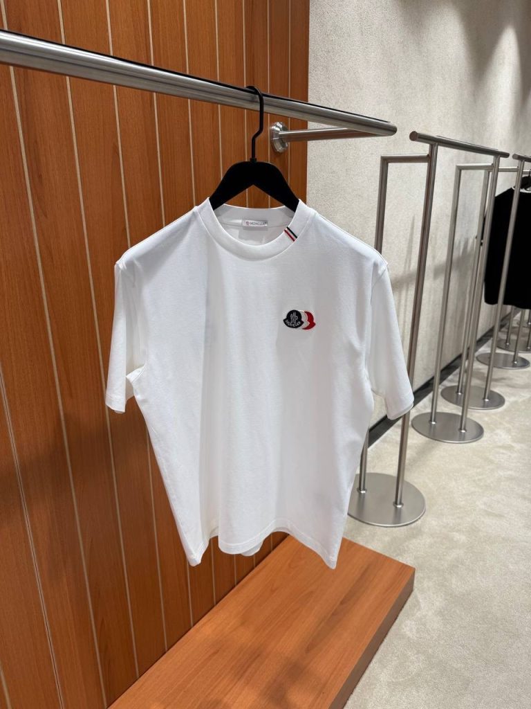 White Moncler tricolor logo patch embroidered cotton tee