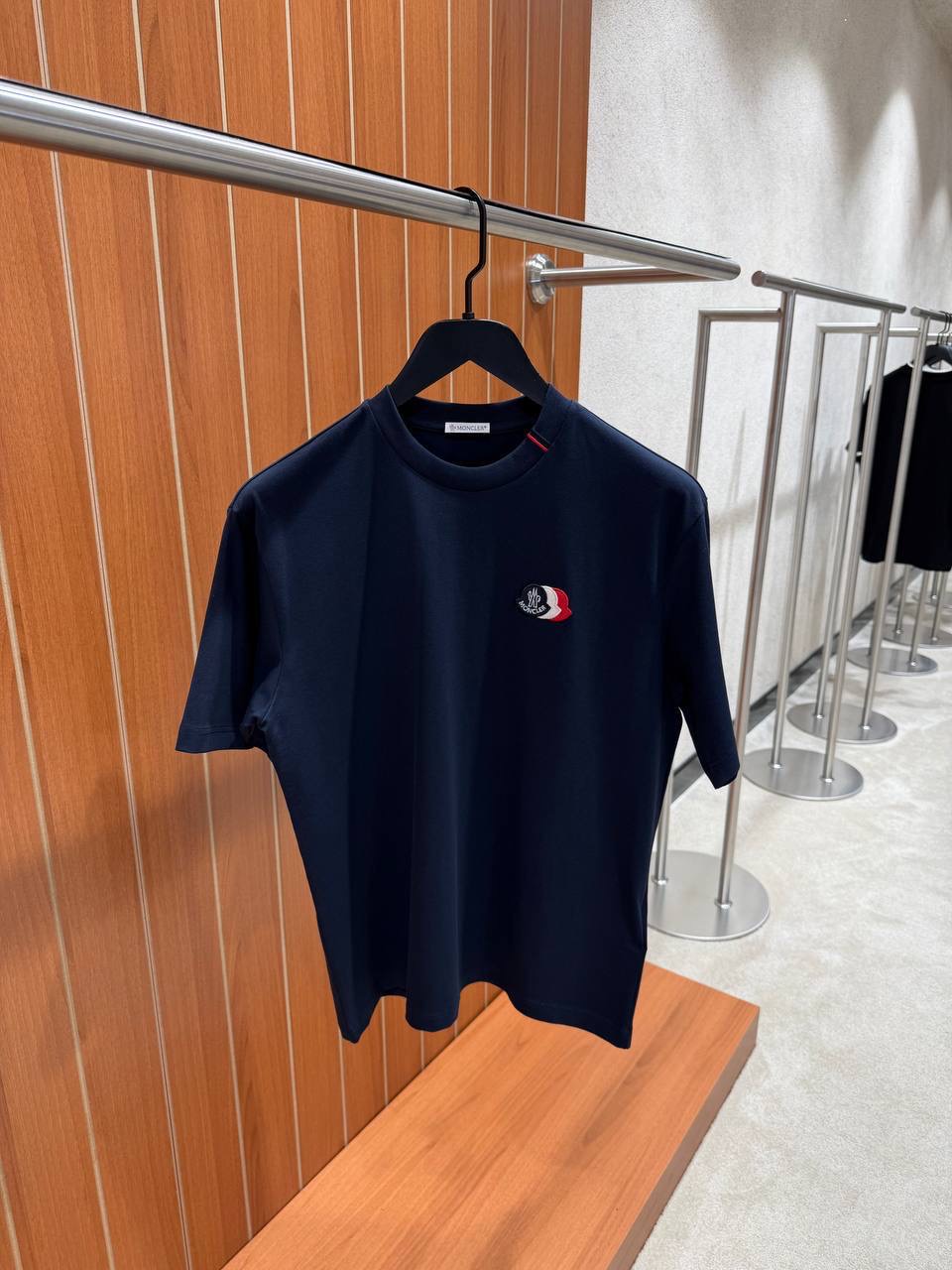 Navy Moncler tricolor logo patch embroidered cotton tee