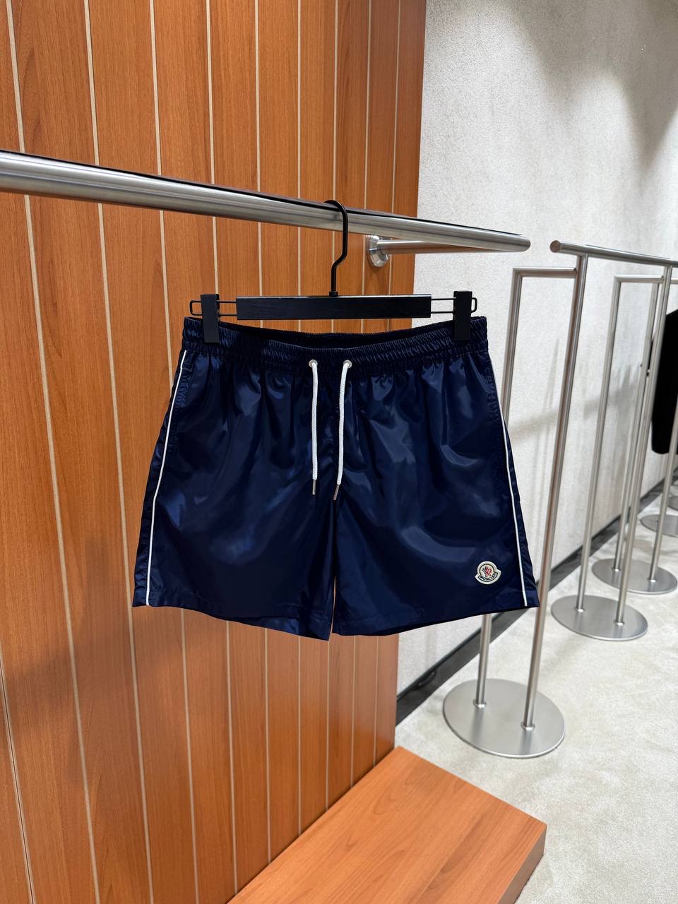 Navy Moncler logo-patch drawstring-waist swim shorts
