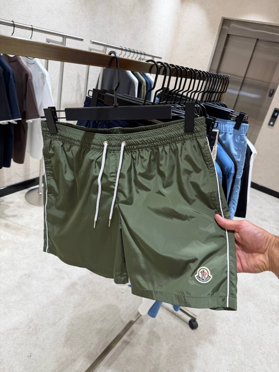 Green Moncler logo-patch drawstring-waist swim shorts - Image 2