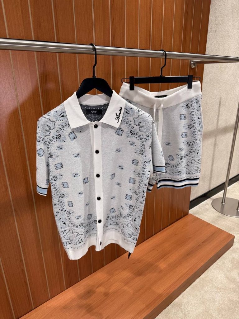 White-blue AMIRI Bandana knitted paisley embroidered logo polo shorts set