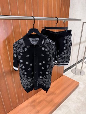 Black AMIRI Bandana knitted paisley embroidered logo polo shorts set