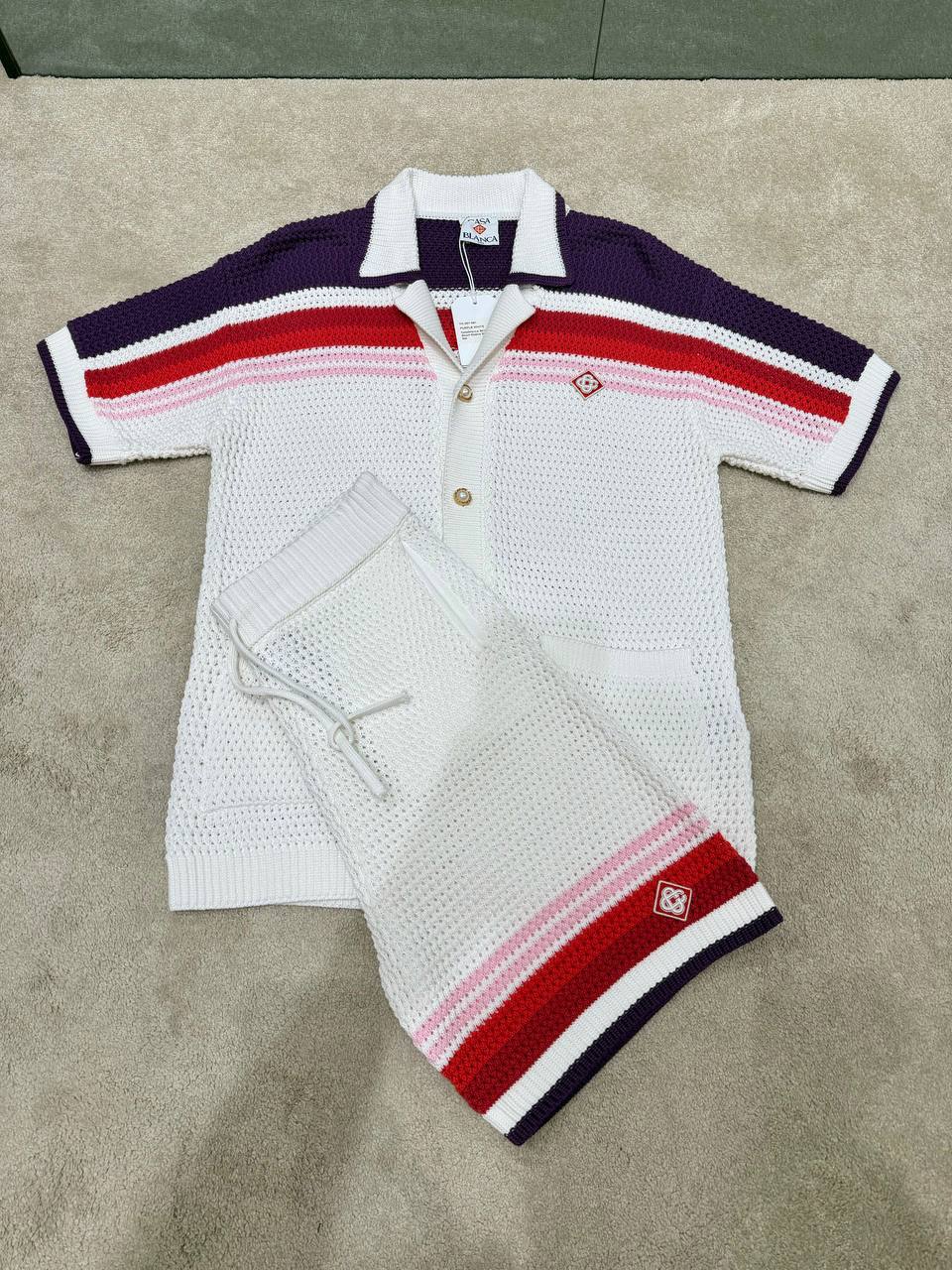 White Casablanca red & navy stripes crochet polo knit shorts set - Image 4