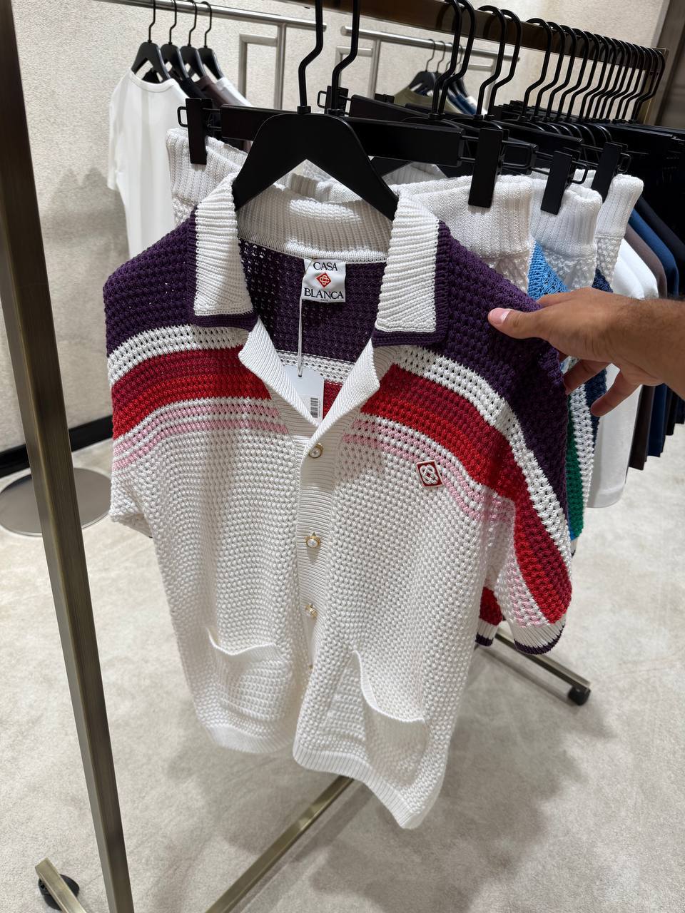 White Casablanca red & navy stripes crochet polo knit shorts set - Image 3