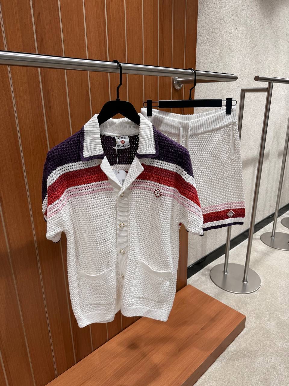 White Casablanca red & navy stripes crochet polo knit shorts set