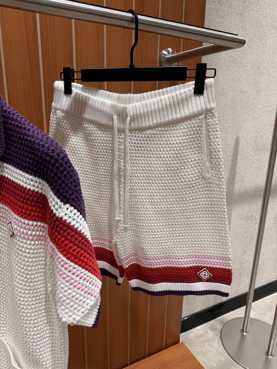 White Casablanca red & navy stripes crochet polo knit shorts set - Image 5