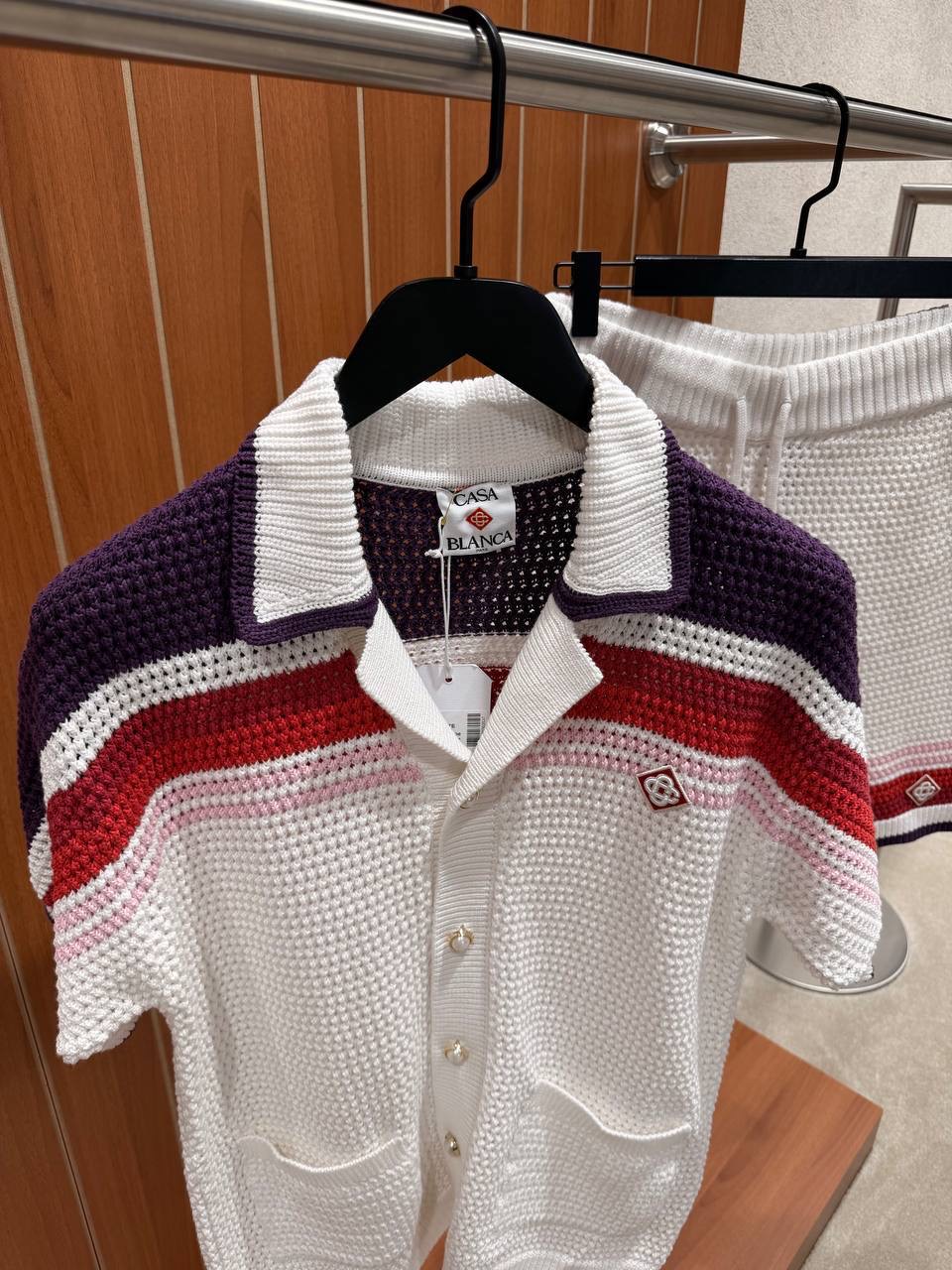 White Casablanca red & navy stripes crochet polo knit shorts set - Image 6