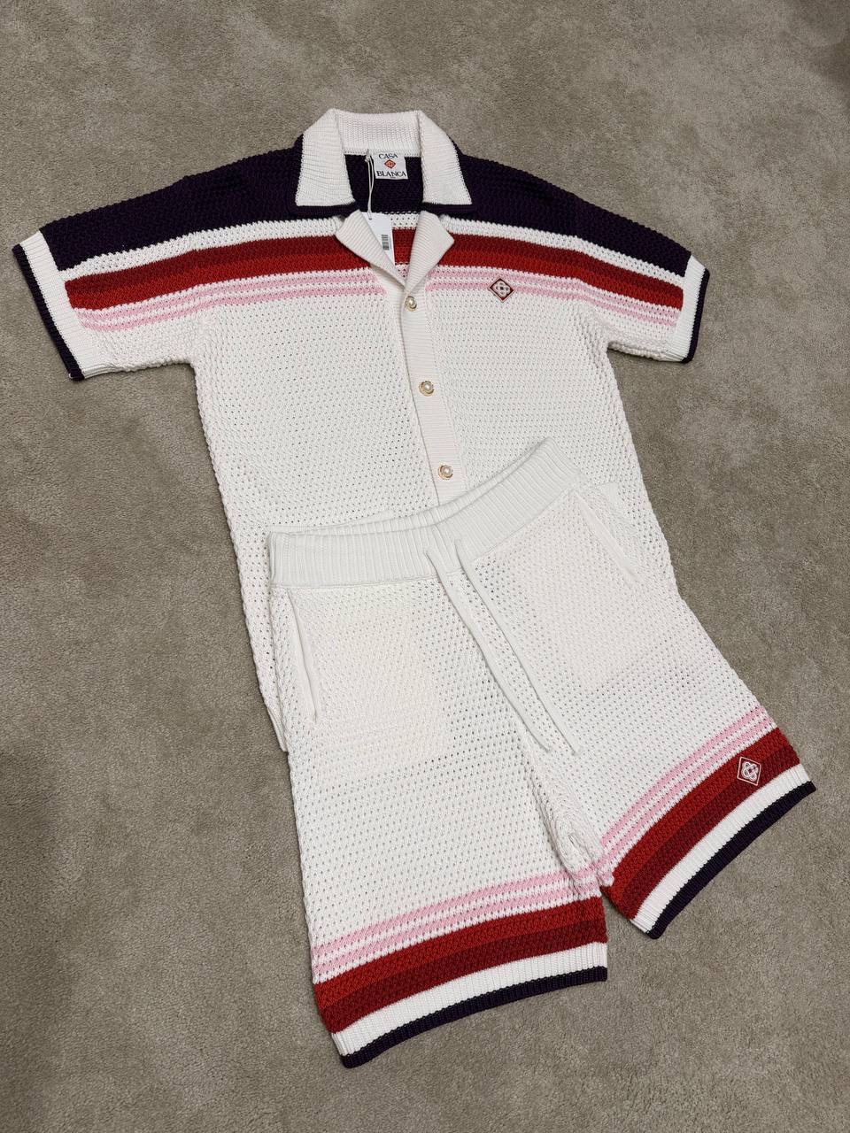 White Casablanca red & navy stripes crochet polo knit shorts set - Image 7