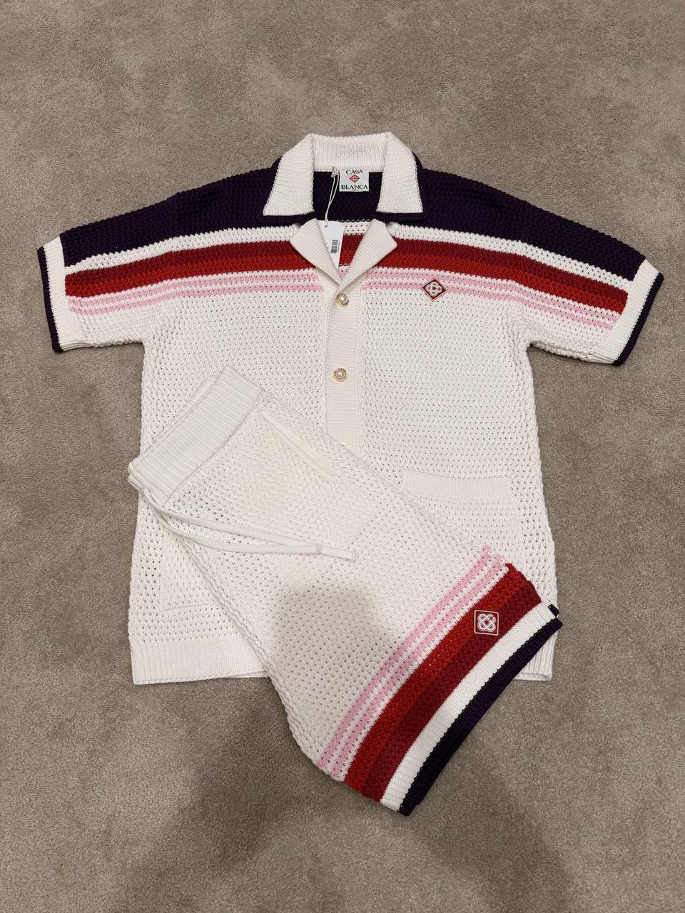 White Casablanca red & navy stripes crochet polo knit shorts set - Image 8