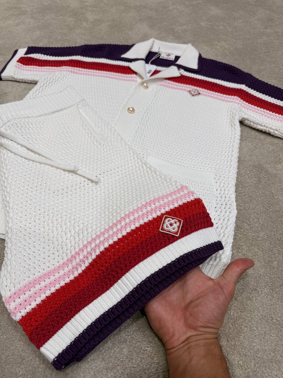 White Casablanca red & navy stripes crochet polo knit shorts set - Image 9