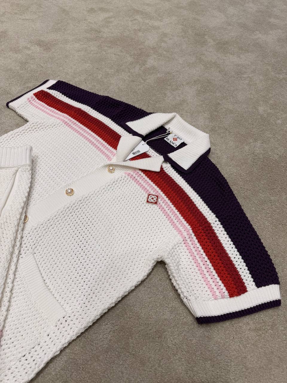 White Casablanca red & navy stripes crochet polo knit shorts set - Image 10