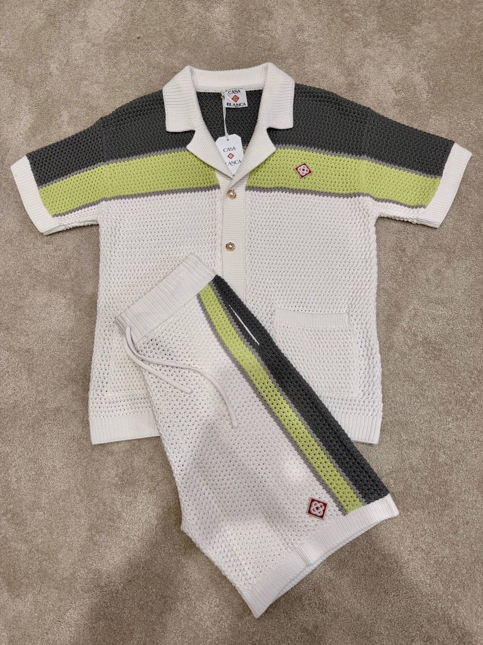 White Casablanca green & gray stripes crochet polo knit shorts set - Image 8