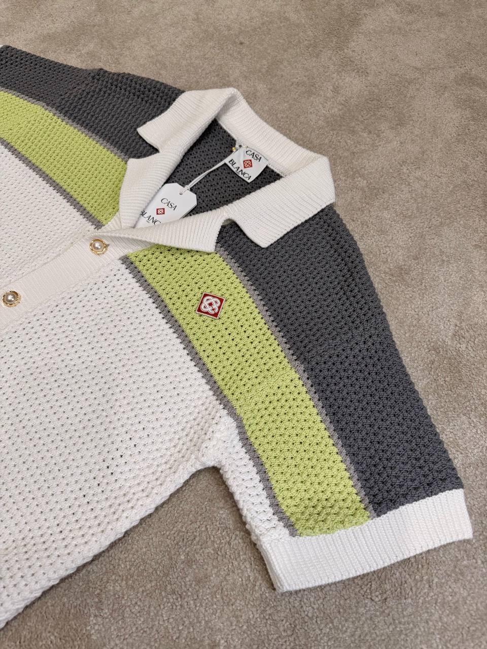 White Casablanca green & gray stripes crochet polo knit shorts set - Image 9