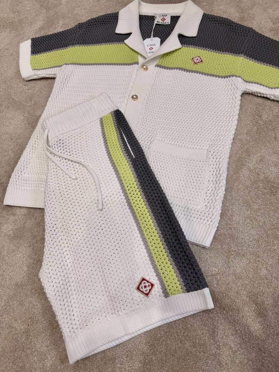 White Casablanca green & gray stripes crochet polo knit shorts set - Image 10