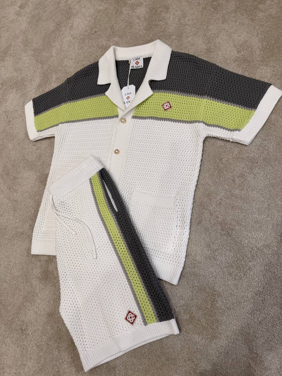 White Casablanca green & gray stripes crochet polo knit shorts set - Image 11