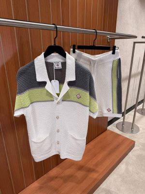 White Casablanca green & gray stripes crochet polo knit shorts set