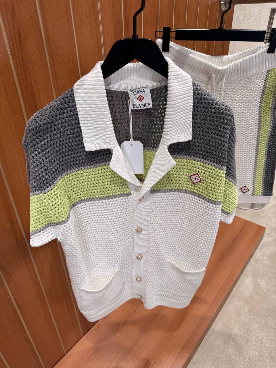 White Casablanca green & gray stripes crochet polo knit shorts set - Image 2