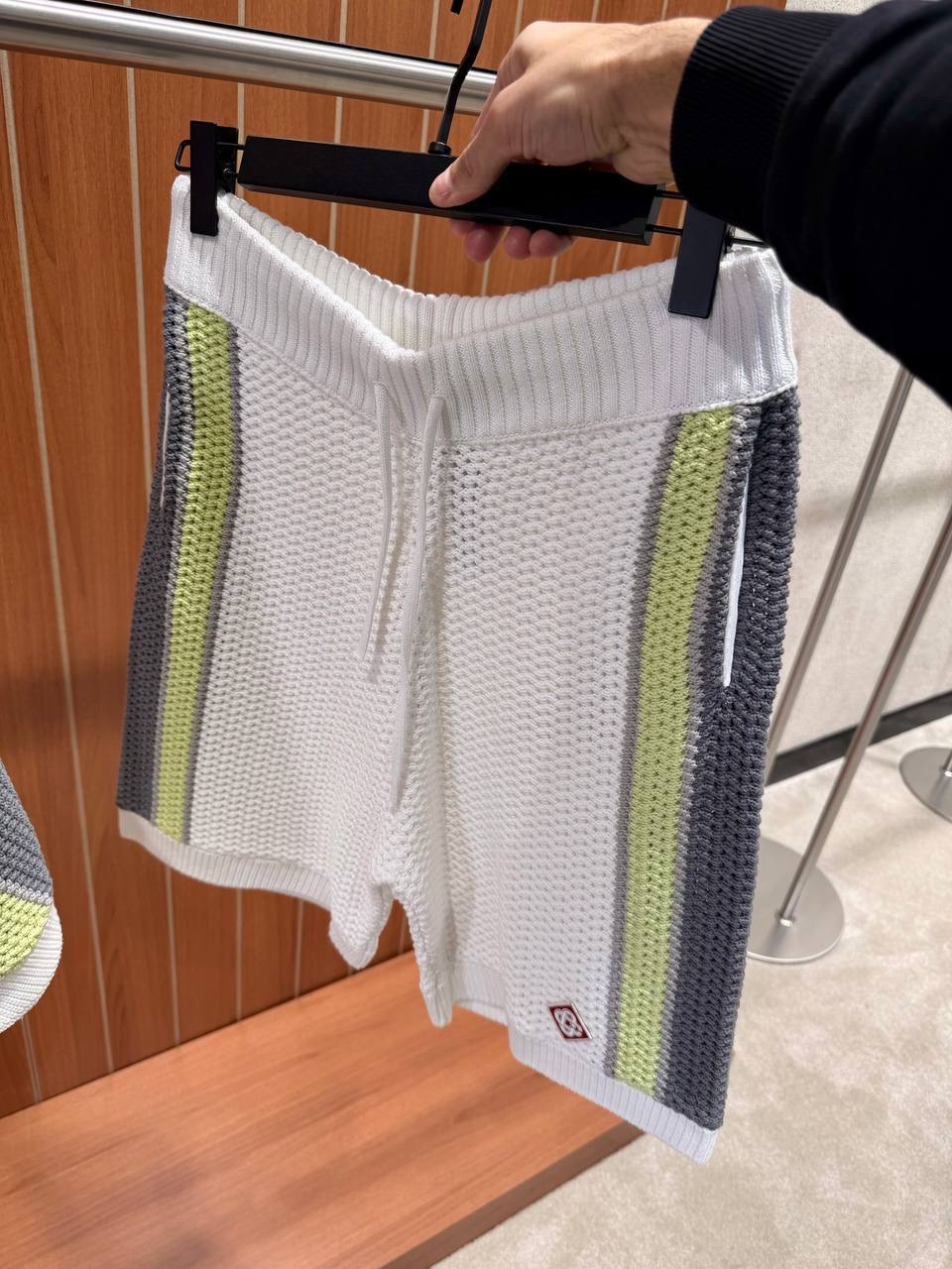 White Casablanca green & gray stripes crochet polo knit shorts set - Image 3