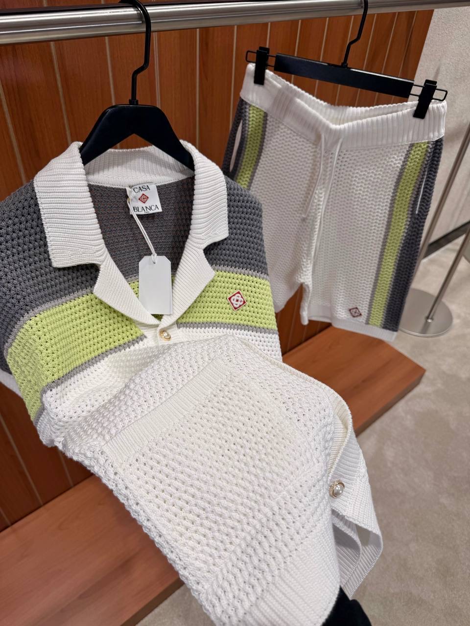 White Casablanca green & gray stripes crochet polo knit shorts set - Image 5