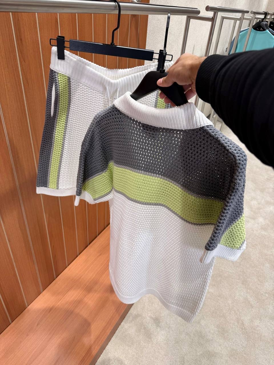 White Casablanca green & gray stripes crochet polo knit shorts set - Image 7
