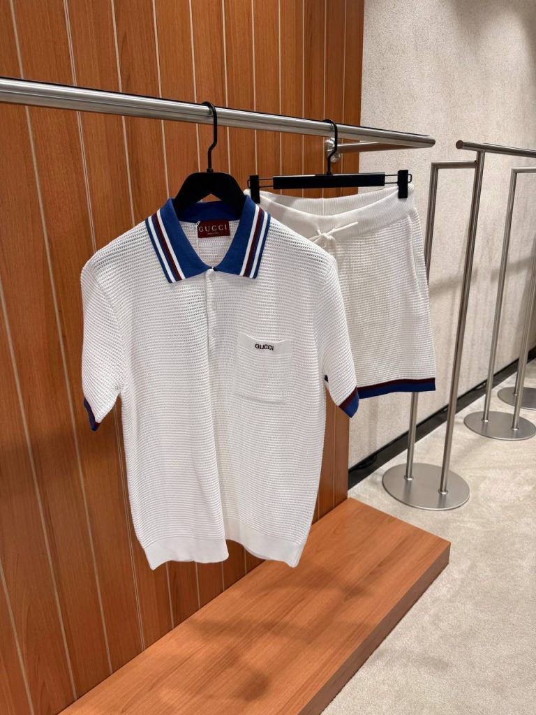 White Gucci Piquet Intarsia knit polo shorts set