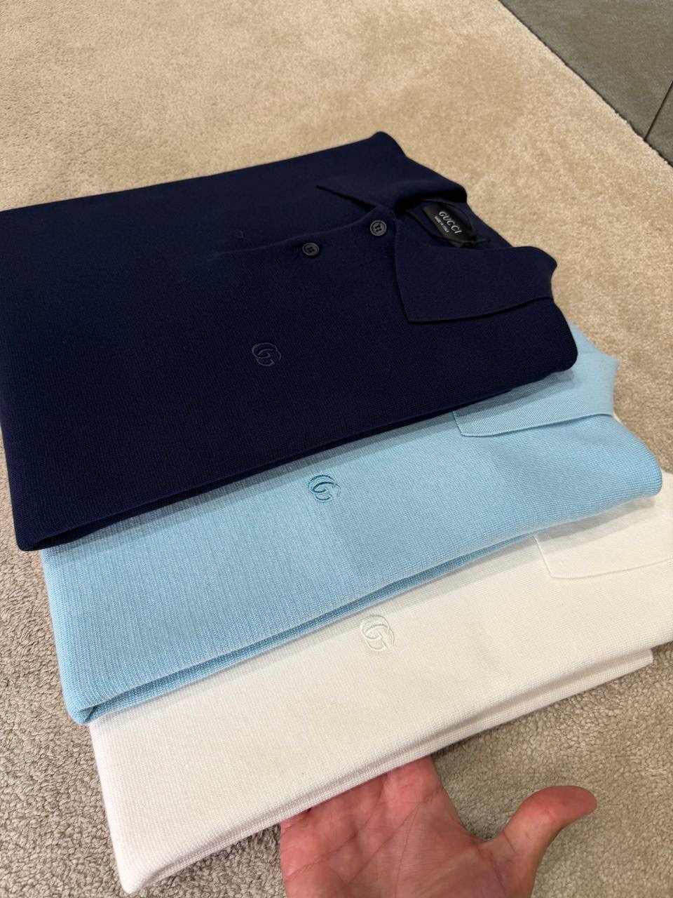 Blue Gucci double G embroidery silk-cotton knit polo tee - Image 6