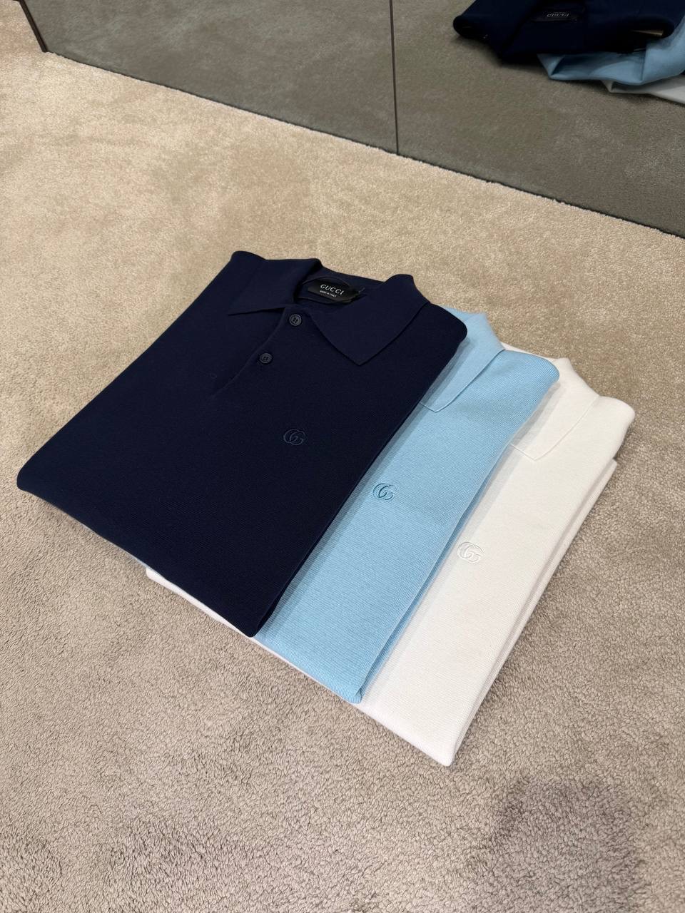 Blue Gucci double G embroidery silk-cotton knit polo tee - Image 5