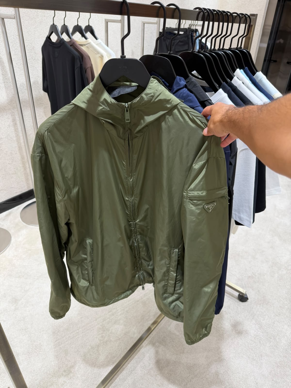 Green Prada hooded lightweight enamel triangle sleeve logo jacket