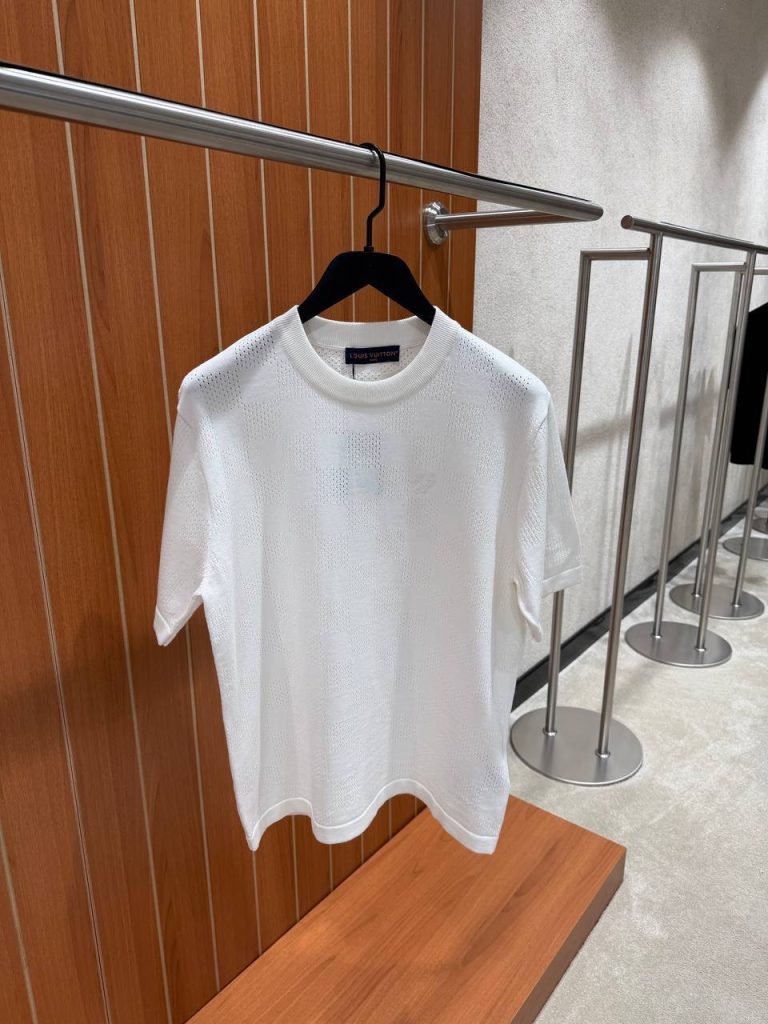 White LV pointelle signature damier motif knitted cotton tee