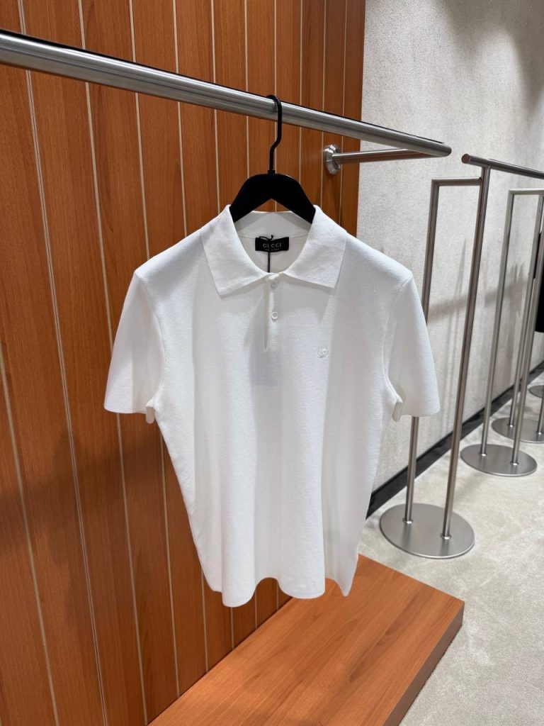 White Gucci double G embroidery silk-cotton knit polo tee
