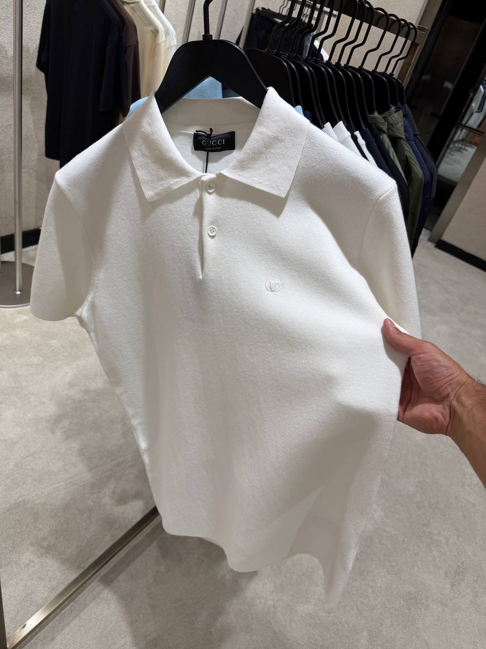 White Gucci double G embroidery silk-cotton knit polo tee - Image 3