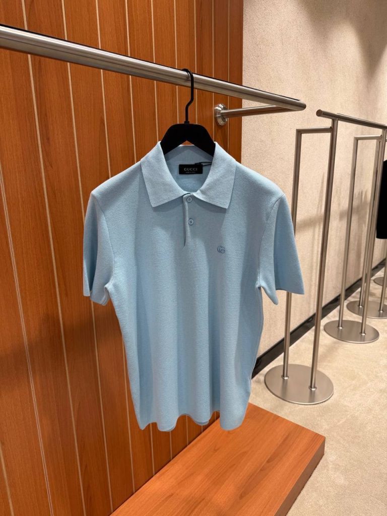 Blue Gucci double G embroidery silk-cotton knit polo tee