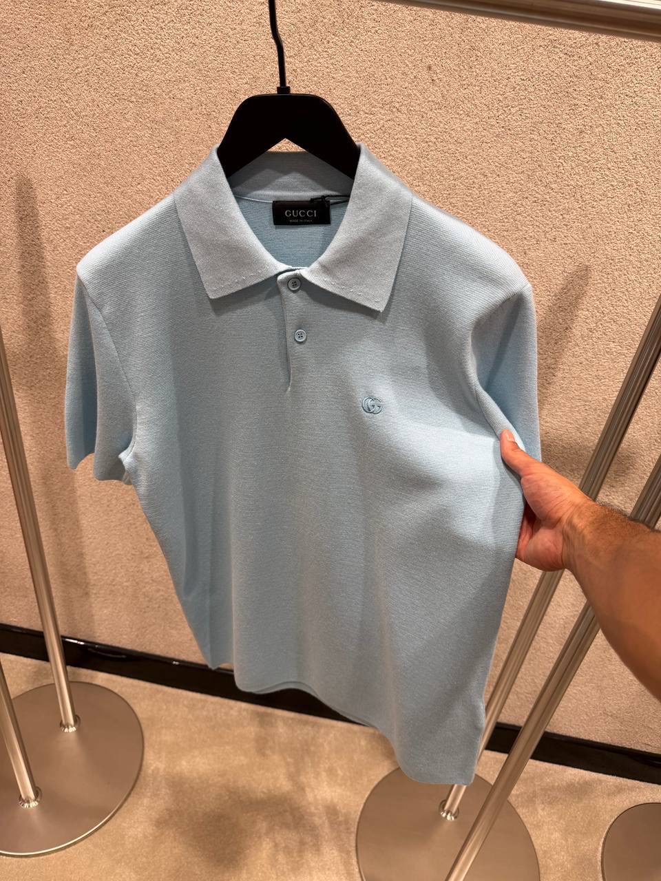 Blue Gucci double G embroidery silk-cotton knit polo tee - Image 4