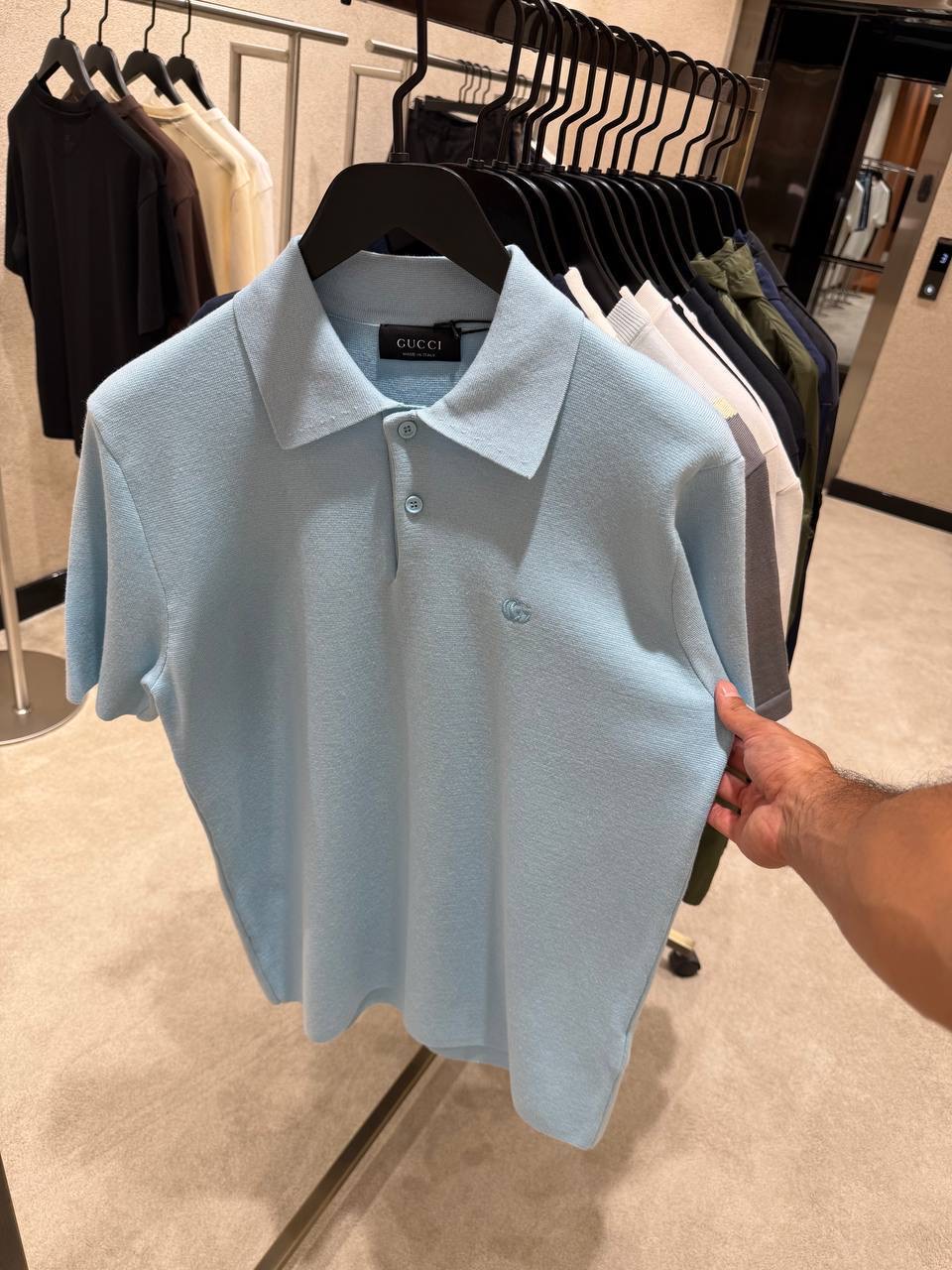 Blue Gucci double G embroidery silk-cotton knit polo tee - Image 3