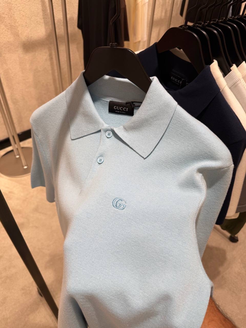Blue Gucci double G embroidery silk-cotton knit polo tee - Image 2