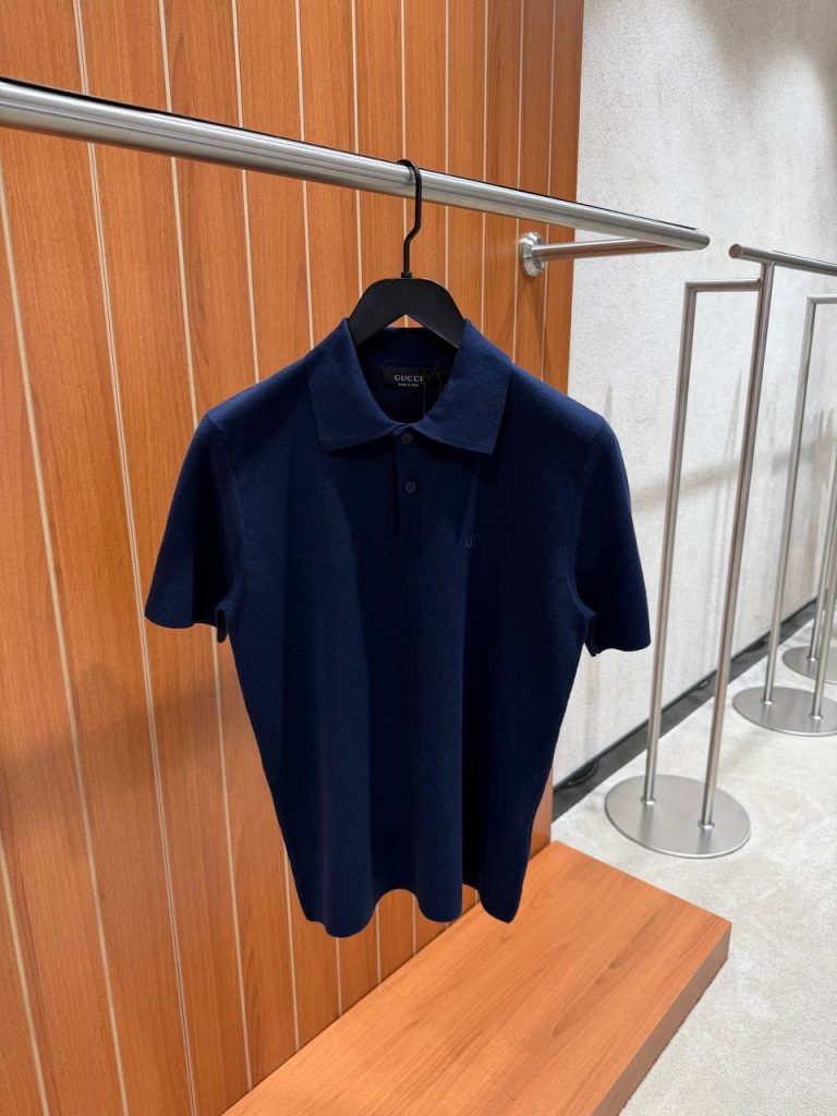 Navy Gucci double G embroidery silk-cotton knit polo tee
