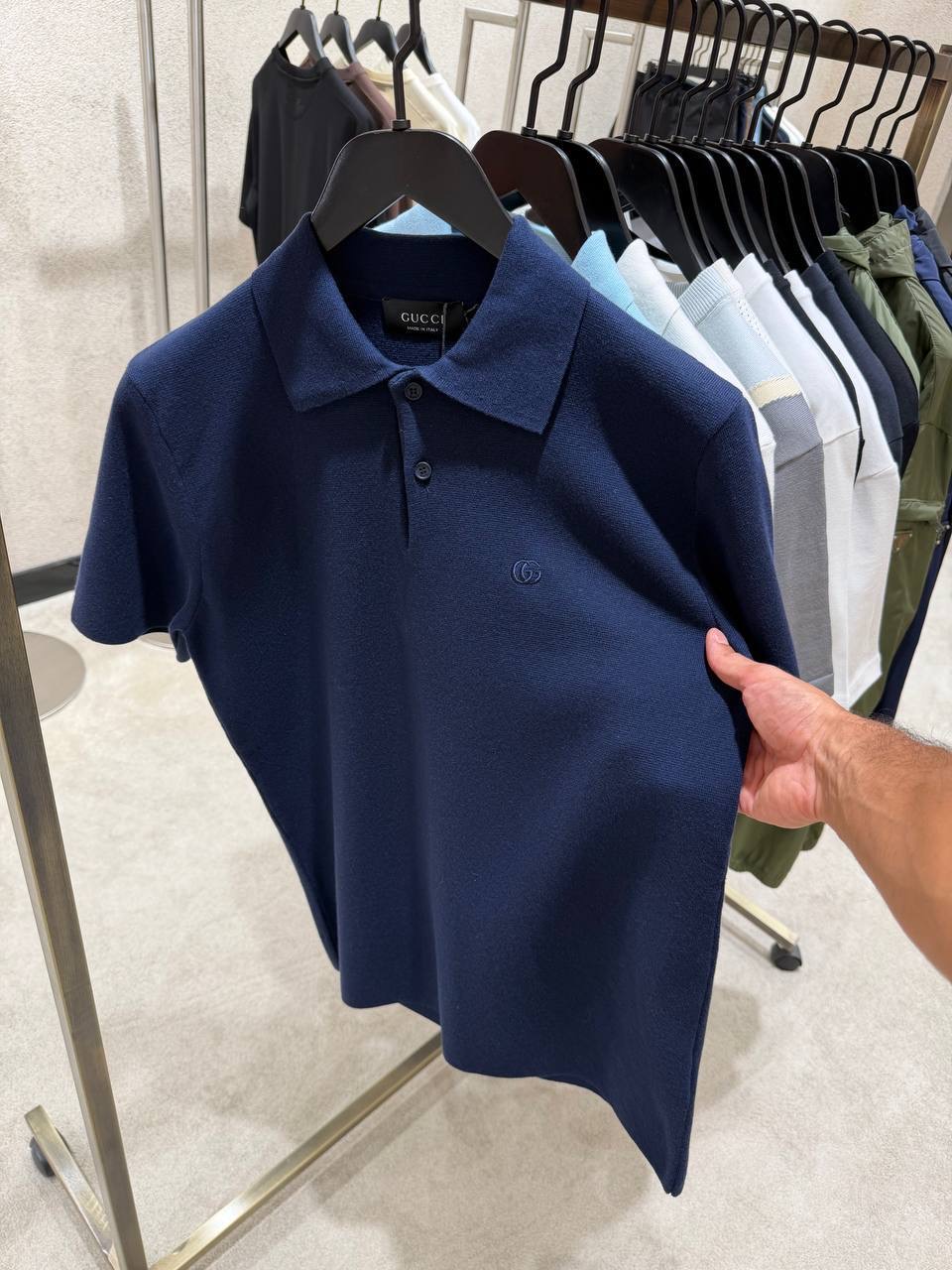 Navy Gucci double G embroidery silk-cotton knit polo tee - Image 2