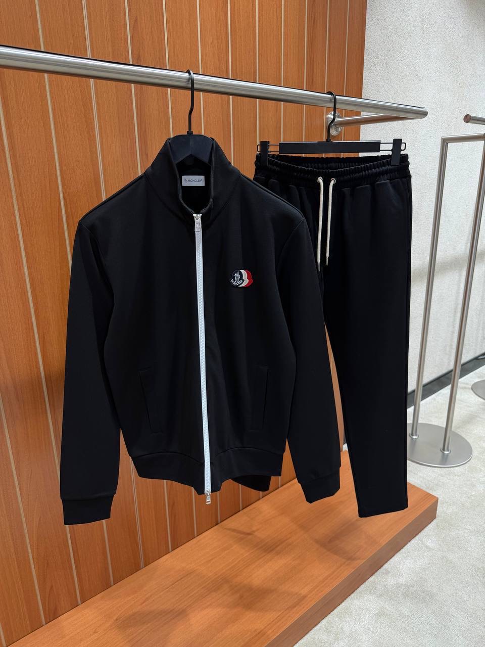 Black Moncler tricolor logo patch embroidered cotton tracksuit
