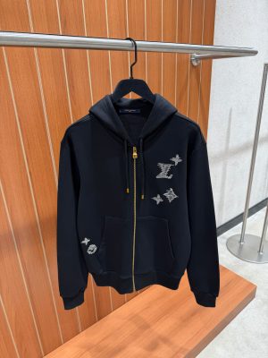 Black LV Monogram signature sashiko embroidery zipped cotton hoodie