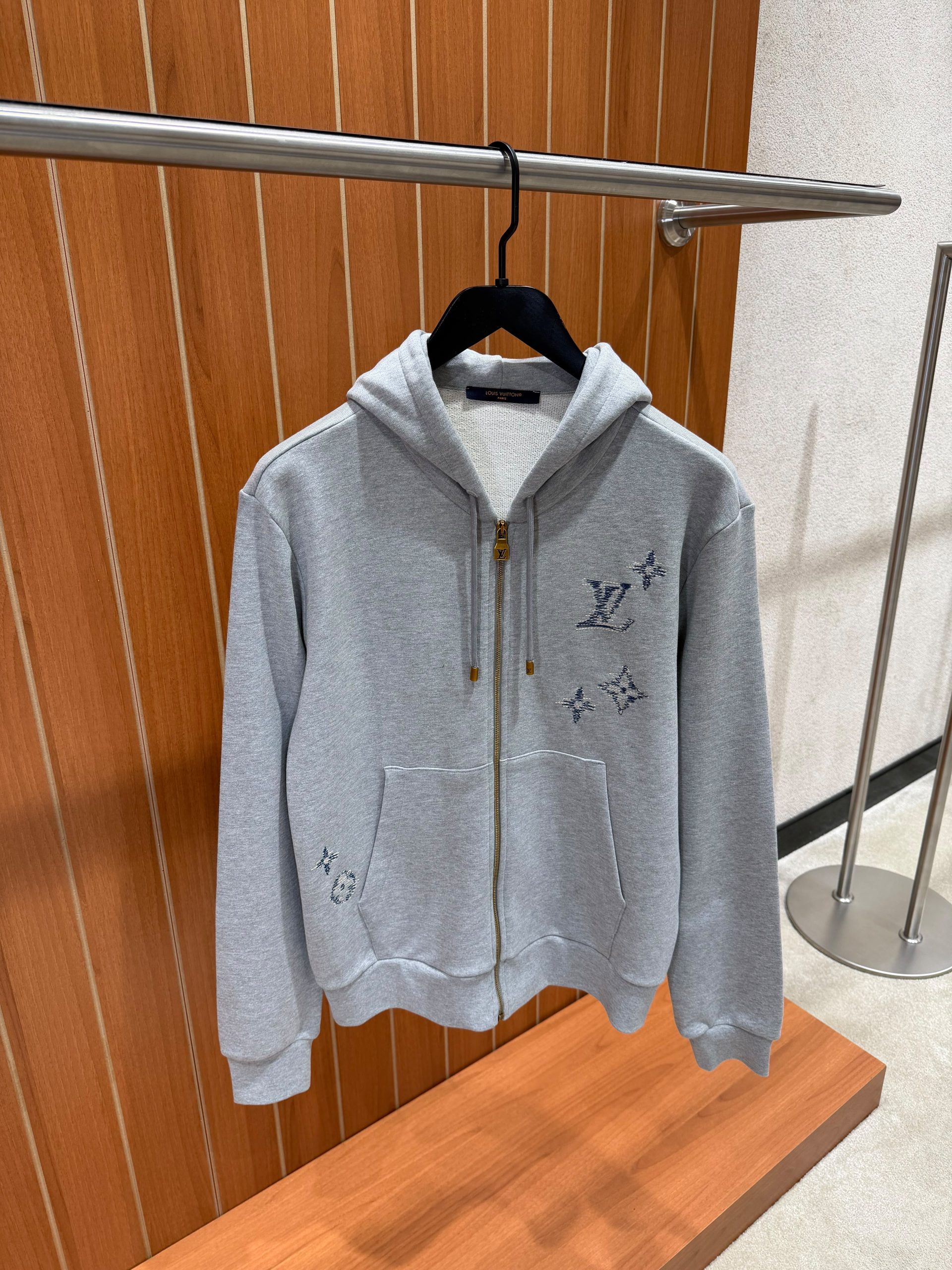 Gray LV Monogram signature sashiko embroidery zipped cotton hoodie